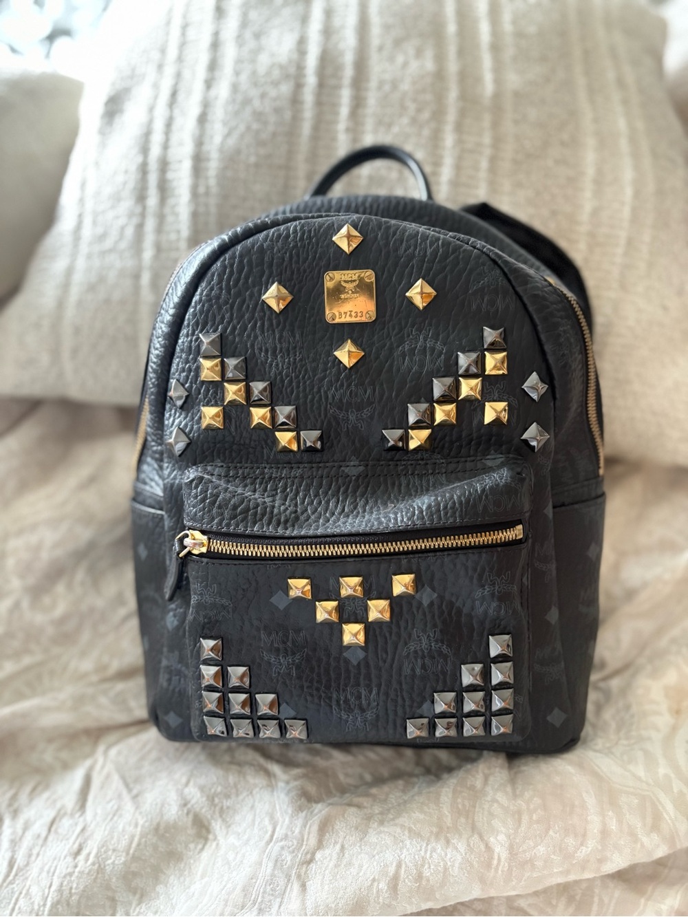 MCM Black Leather Studded Stark Mini Backpack - Gold/Silver Accents